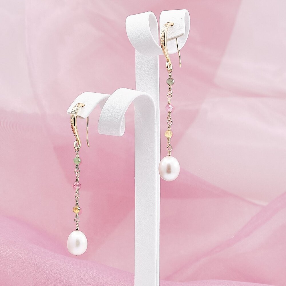 Pearl & Pink Tourmaline Dangle Earrings, 14K Gold Filled